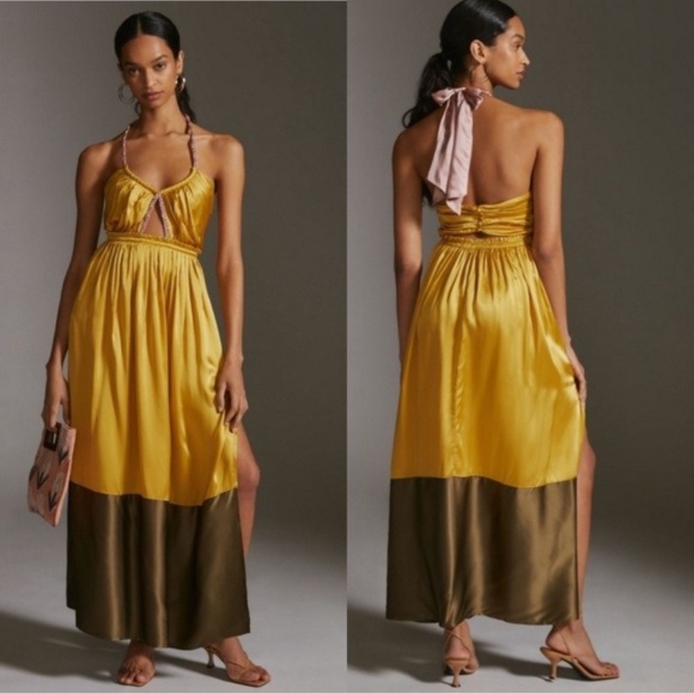 Anthropologie Dress Women 12 100% Silk Yellow Colorblock Maxi Halter Resort Boho